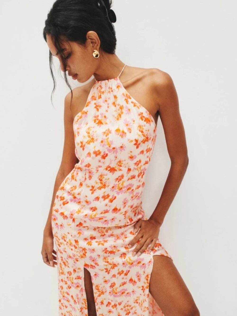 MAJE Rispring Maxi Dress Luxe Floral Airy Satin Halter Gown Party Flowy Stunner - Picture 3 of 16